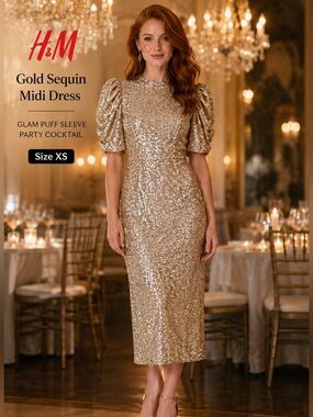 H&M Gold Sequin Midi Dress XS Puff Sleeve Cocktail Party Wedding Guest Glam